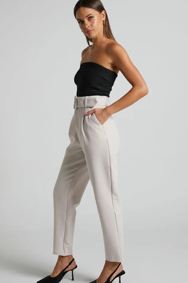 Milica Trousers 8211 Belted High Waisted Trousers In Beige Women Showpo Curve Clothes