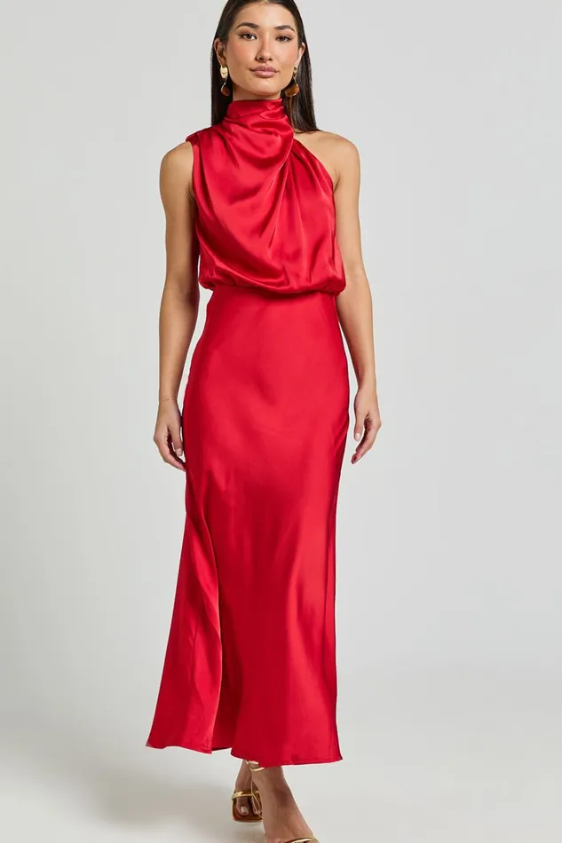 Minnie Midi Dress 8211 Drape Neck Satin Slip Dress In Red Women Showpo Dresses