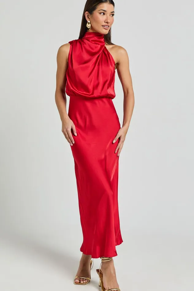 Minnie Midi Dress 8211 Drape Neck Satin Slip Dress In Red Women Showpo Dresses