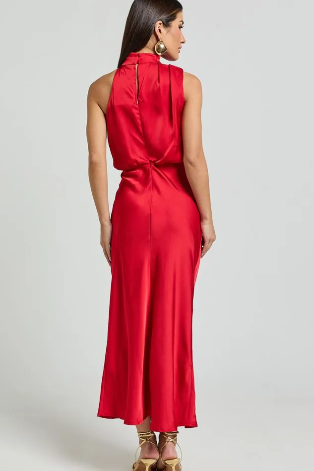 Minnie Midi Dress 8211 Drape Neck Satin Slip Dress In Red Women Showpo Dresses