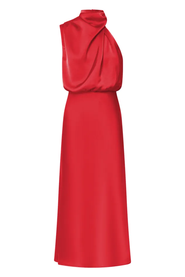 Minnie Midi Dress 8211 Drape Neck Satin Slip Dress In Red Women Showpo Dresses