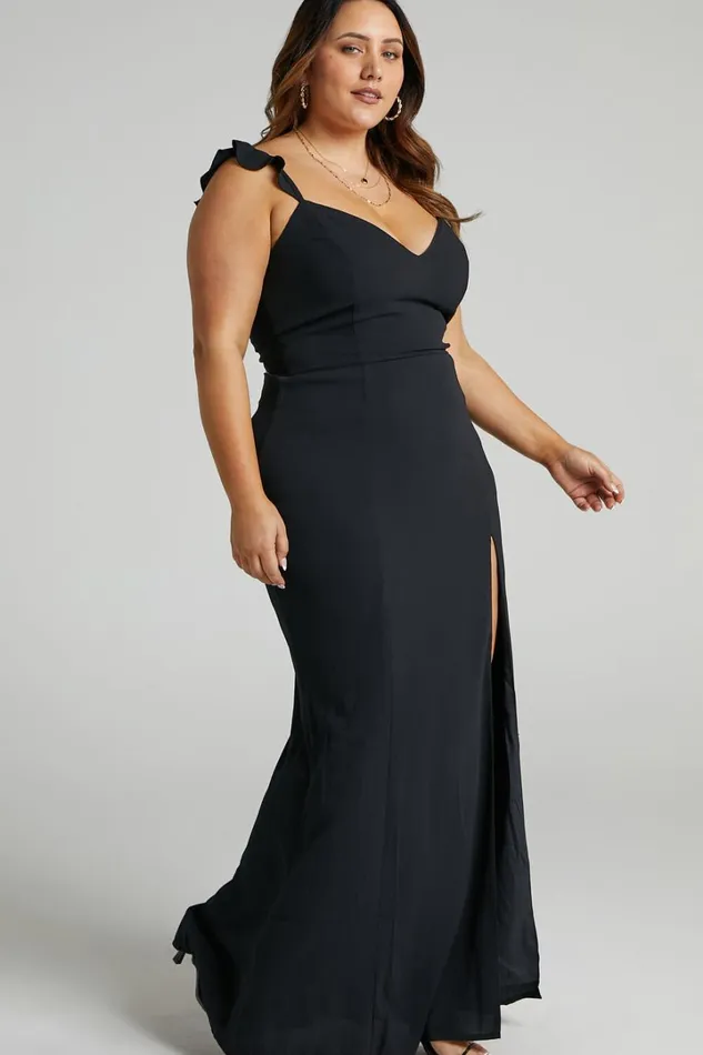 More Than This Midi Dress 8211 Ruffle Strap Thigh Split Dress In Black Women Showpo Dresses
