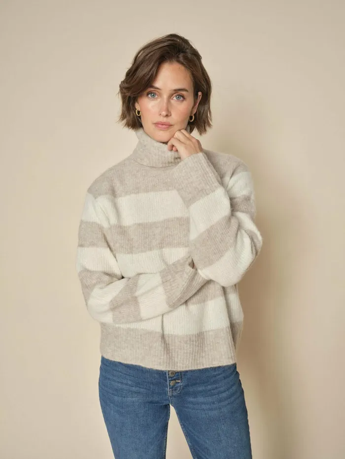 MOS MOSH Knits Women MMAidy Thora Stripe Rollneck Knit Feather Gray