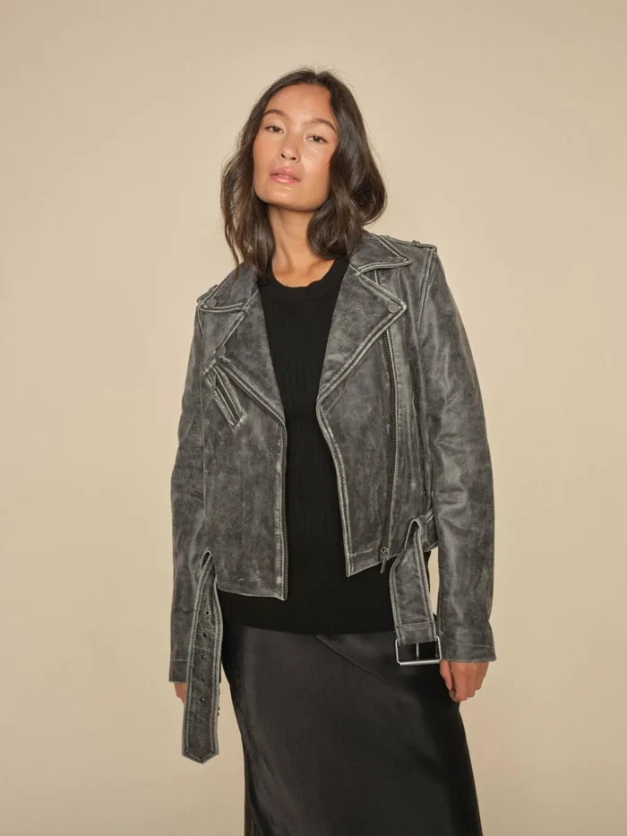 MOS MOSH Leather Women MMCelia Biker Leather Jacket Phantom MOS MOSH Leather Women MMCelia Biker Leather Jacket Phantom