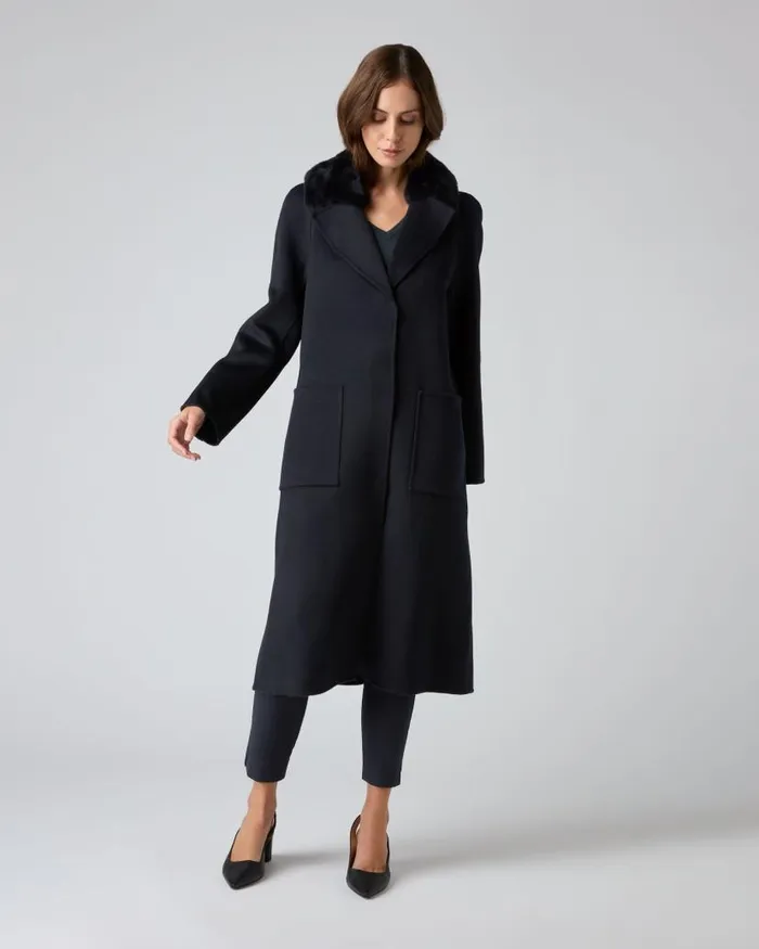NPeal Coats and Jackets Women Fur Collar Woven Coat Navy Blue