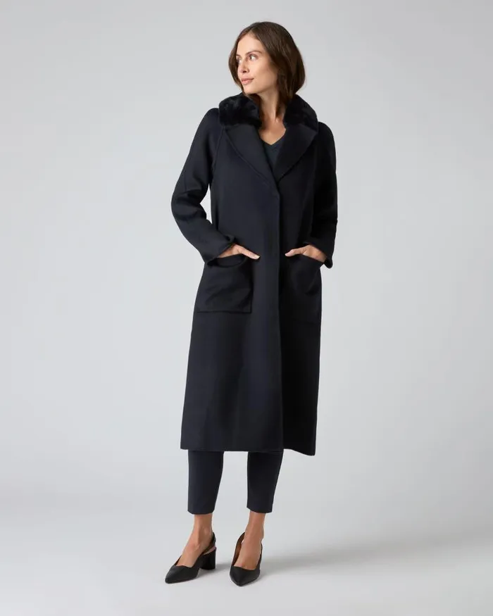 NPeal Coats and Jackets Women Fur Collar Woven Coat Navy Blue