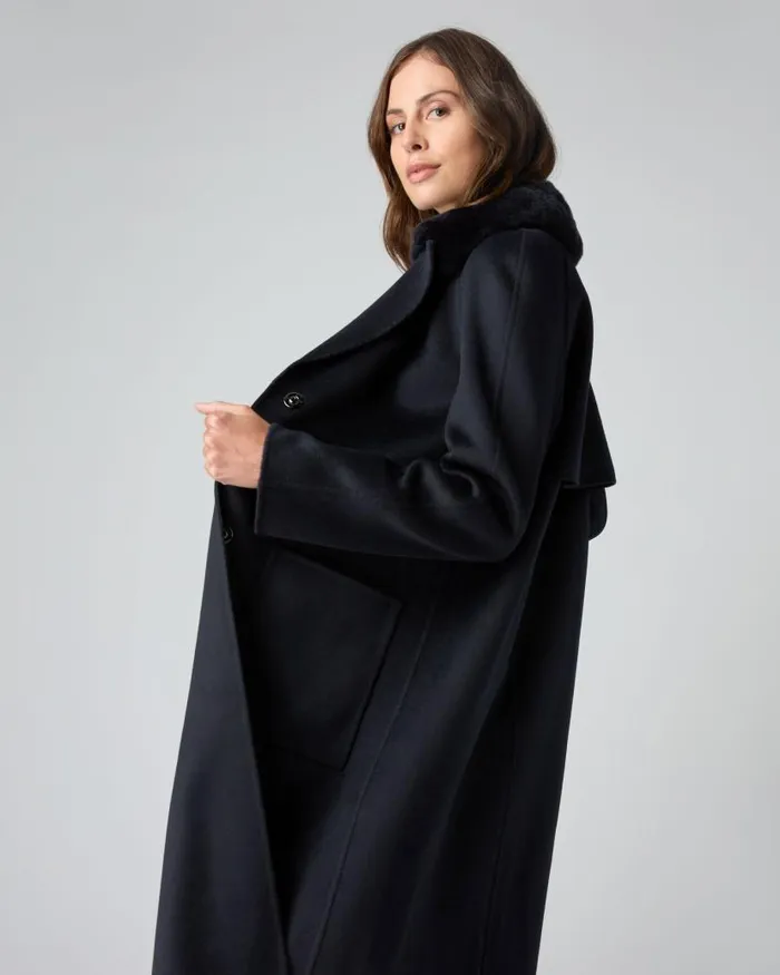 NPeal Coats and Jackets Women Fur Collar Woven Coat Navy Blue