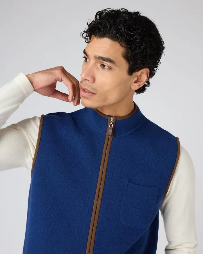 NPeal Gilets and Waistcoats Men Shaftsbury Suede Trim Cashmere Gilet French Blue