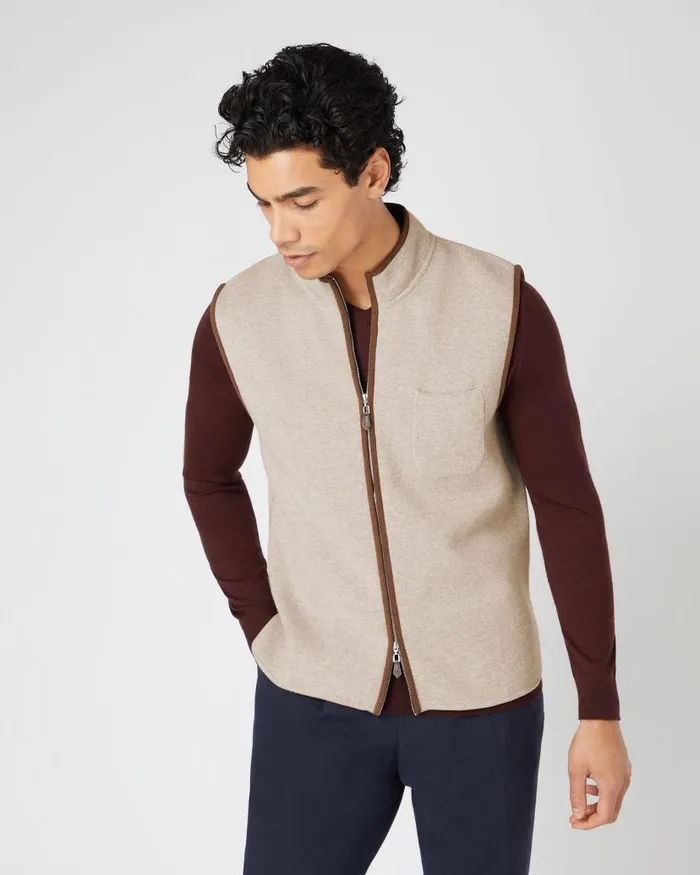 NPeal Gilets and Waistcoats Men Shaftsbury Suede Trim Cashmere Gilet Oatmeal Brown
