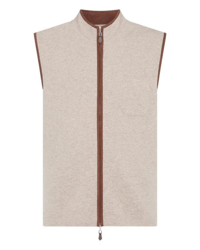 NPeal Gilets and Waistcoats Men Shaftsbury Suede Trim Cashmere Gilet Oatmeal Brown