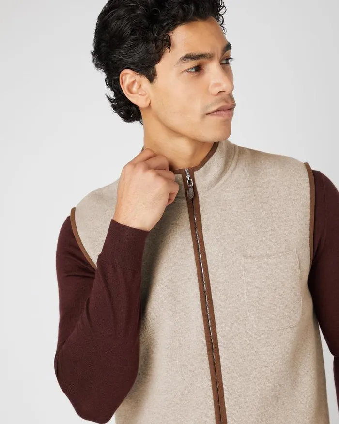 NPeal Gilets and Waistcoats Men Shaftsbury Suede Trim Cashmere Gilet Oatmeal Brown