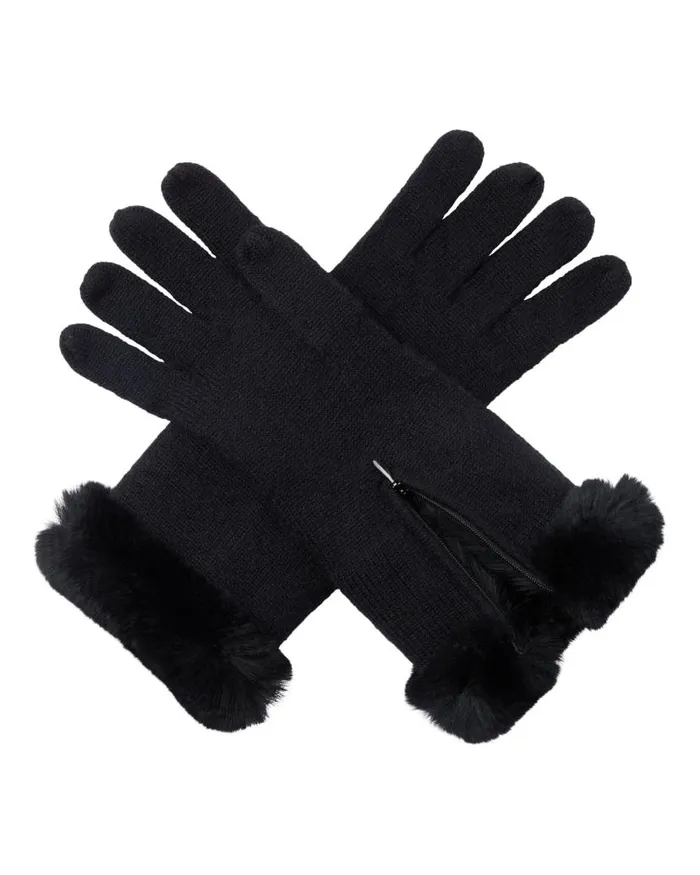 NPeal Gloves Women Fur Trim Cashmere Gloves Black
