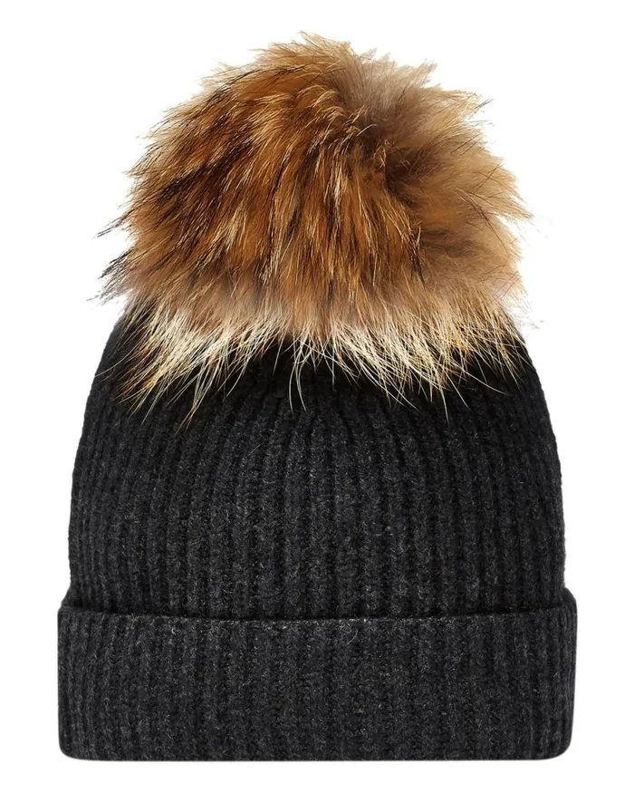 NPeal Hats WomenMen Unisex Ribbed Cashmere Hat With Detachable Pom Dark Charcoal Grey