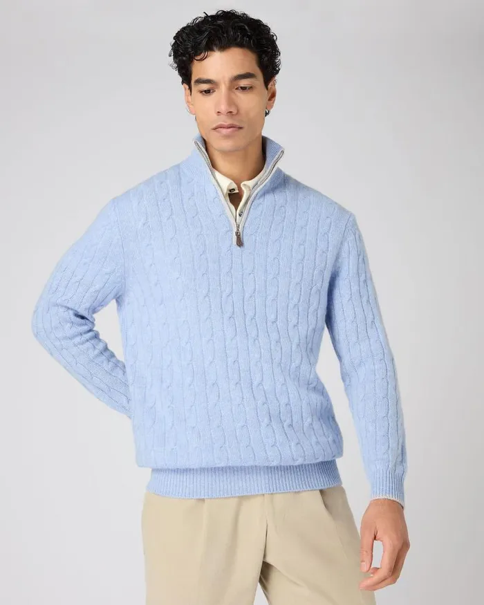 NPeal Jumpers Men Albemarle Cable Half Zip Cashmere Jumper Cornflower Blue