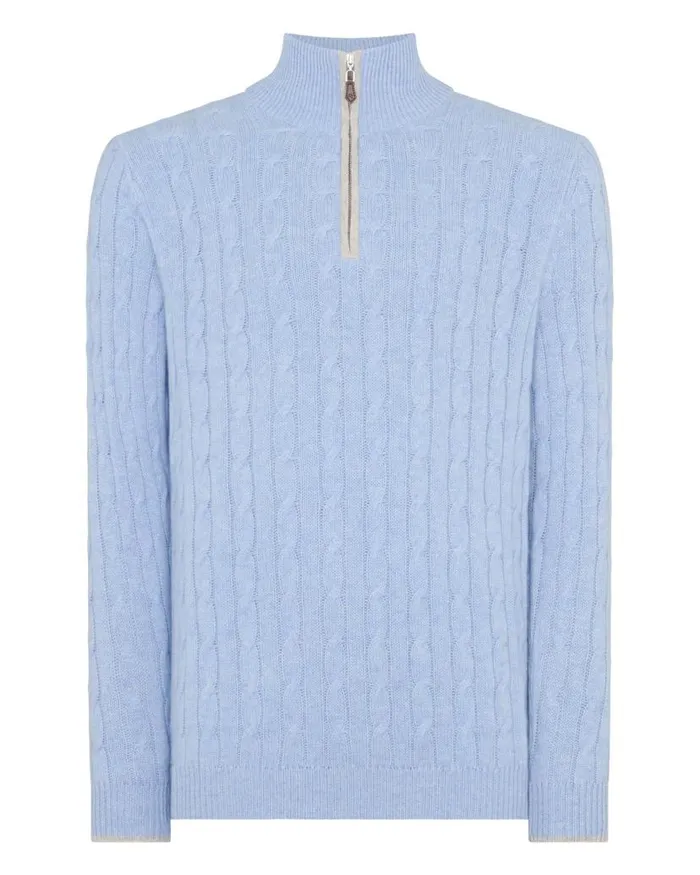 NPeal Jumpers Men Albemarle Cable Half Zip Cashmere Jumper Cornflower Blue