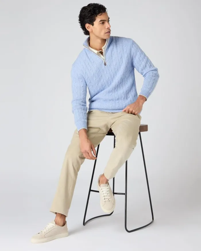 NPeal Jumpers Men Albemarle Cable Half Zip Cashmere Jumper Cornflower Blue
