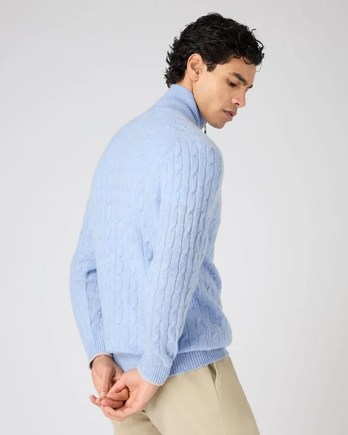 NPeal Jumpers Men Albemarle Cable Half Zip Cashmere Jumper Cornflower Blue