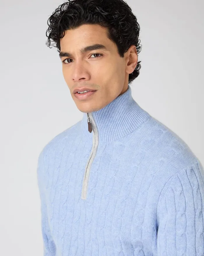 NPeal Jumpers Men Albemarle Cable Half Zip Cashmere Jumper Cornflower Blue