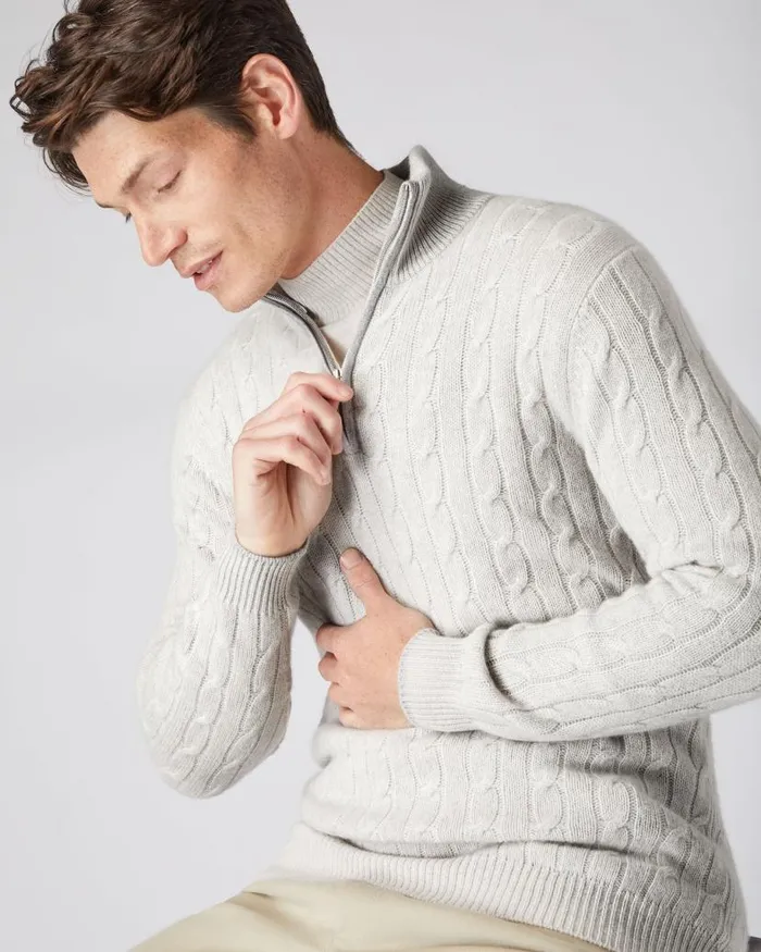 NPeal Jumpers Men Albemarle Cable Half Zip Cashmere Jumper Pebble Grey
