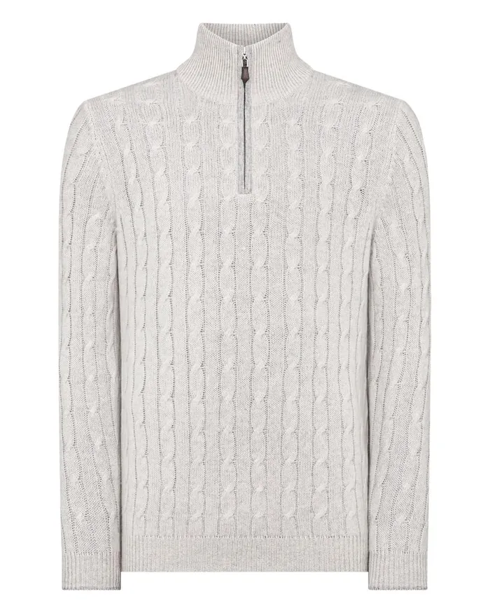 NPeal Jumpers Men Albemarle Cable Half Zip Cashmere Jumper Pebble Grey