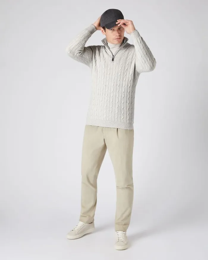 NPeal Jumpers Men Albemarle Cable Half Zip Cashmere Jumper Pebble Grey