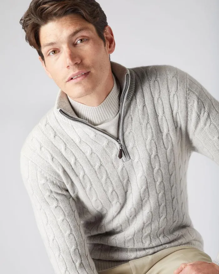 NPeal Jumpers Men Albemarle Cable Half Zip Cashmere Jumper Pebble Grey
