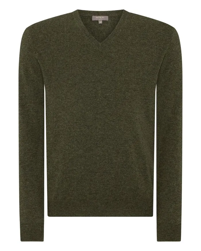 NPeal Jumpers Men Burlington V Neck Cashmere Jumper Moss Green