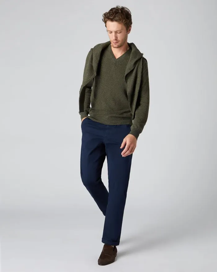 NPeal Jumpers Men Burlington V Neck Cashmere Jumper Moss Green