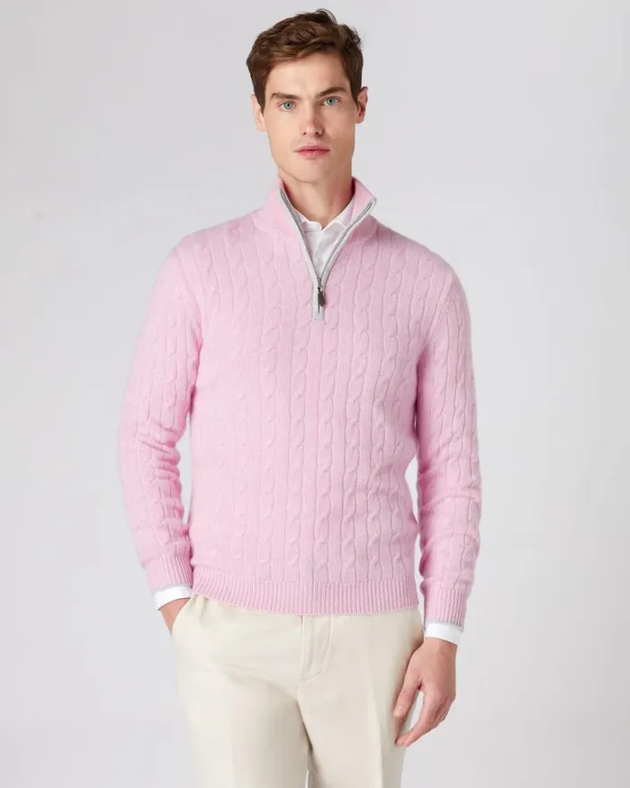 NPeal Jumpers Men Cable Half Zip Cashmere Jumper Flamingo Pink