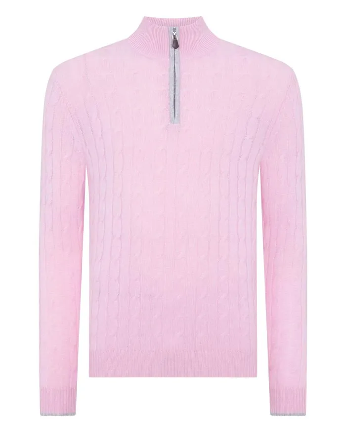 NPeal Jumpers Men Cable Half Zip Cashmere Jumper Flamingo Pink