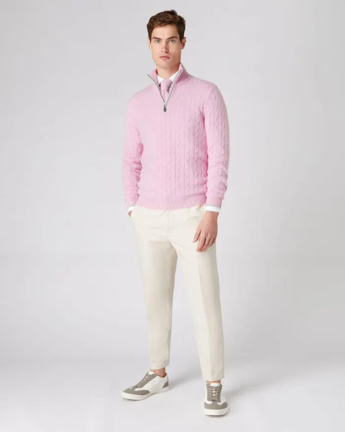 NPeal Jumpers Men Cable Half Zip Cashmere Jumper Flamingo Pink