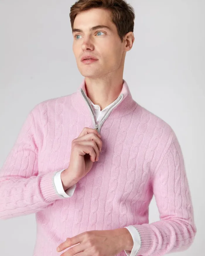 NPeal Jumpers Men Cable Half Zip Cashmere Jumper Flamingo Pink