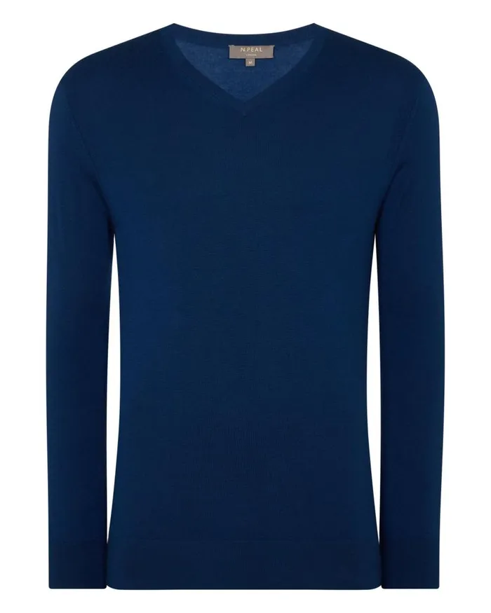 NPeal Jumpers Men Conduit Fine Gauge Cashmere V Neck Jumper French Blue