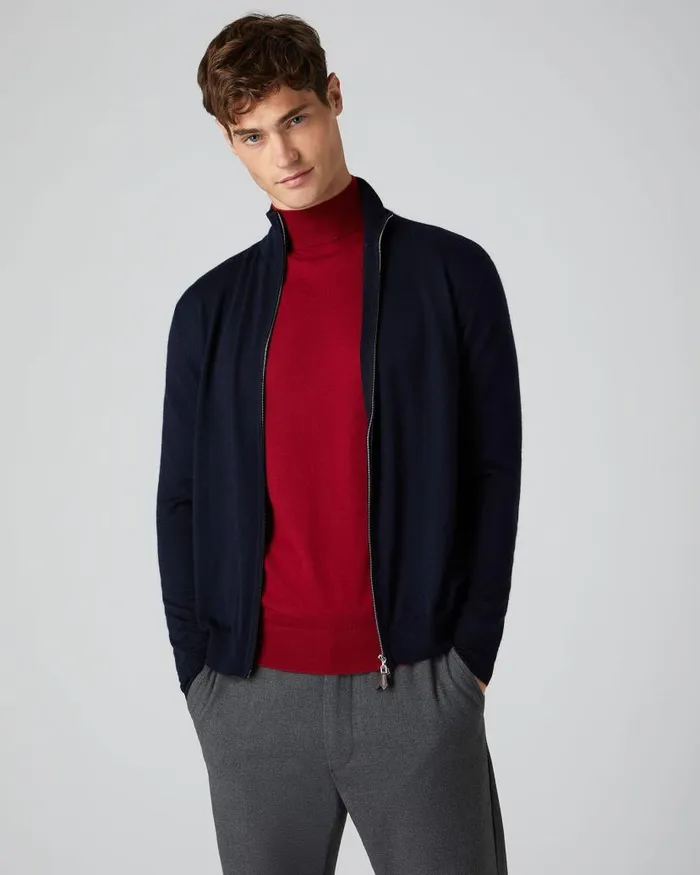 NPeal Jumpers Men Hyde Fine Gauge Cashmere Full Zip Jumper Navy Blue