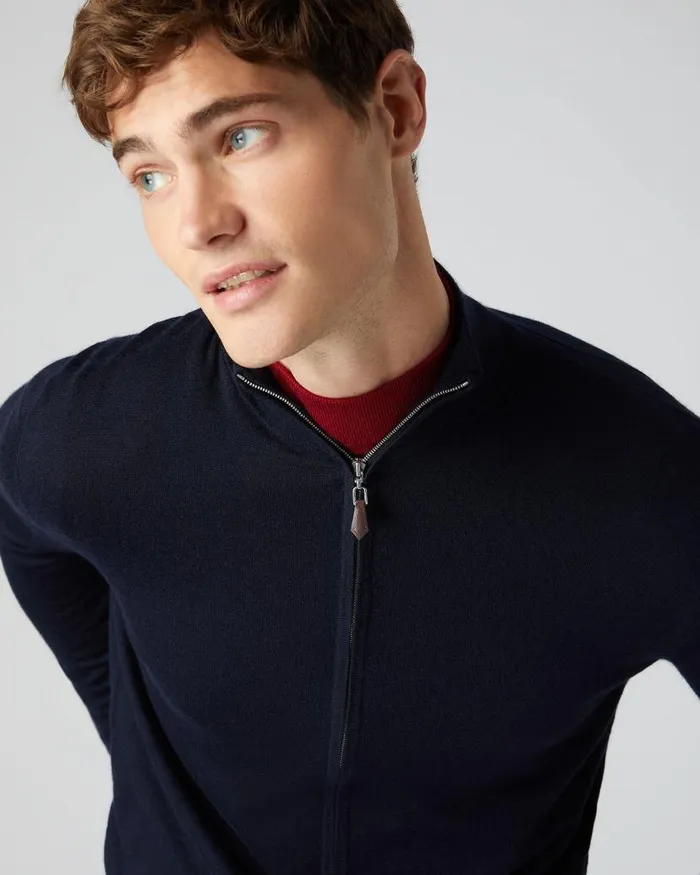 NPeal Jumpers Men Hyde Fine Gauge Cashmere Full Zip Jumper Navy Blue