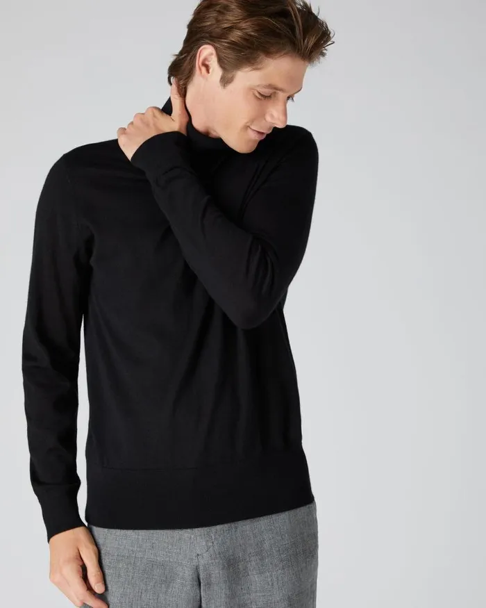 NPeal Jumpers Men Pimlico Fine Gauge Cashmere Roll Neck Jumper Black