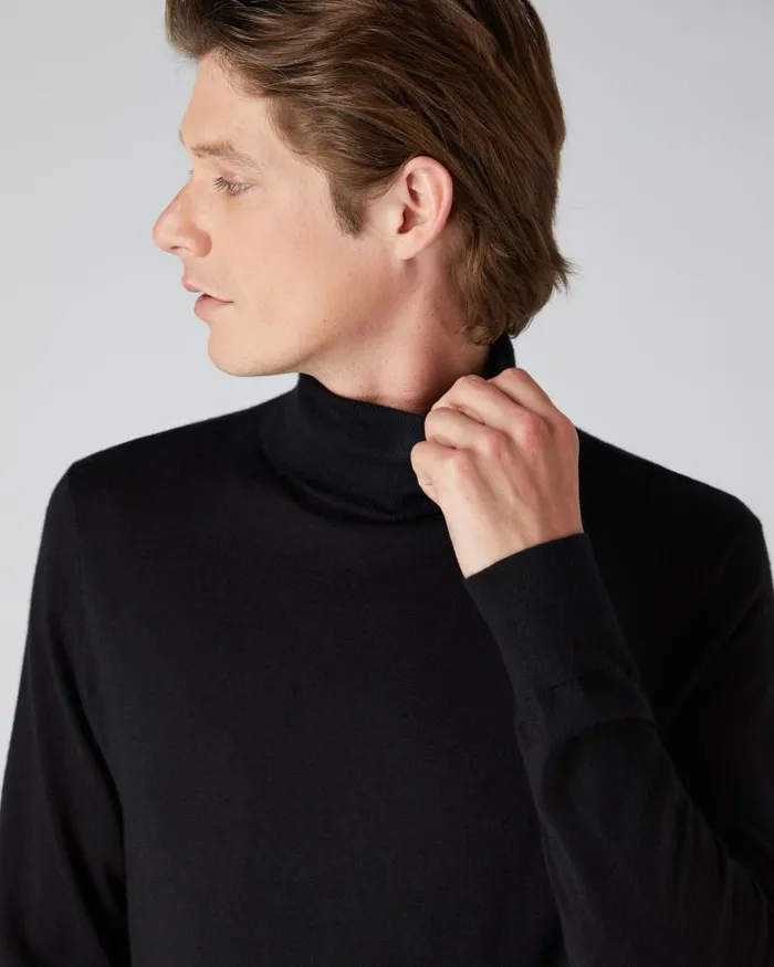 NPeal Jumpers Men Pimlico Fine Gauge Cashmere Roll Neck Jumper Black