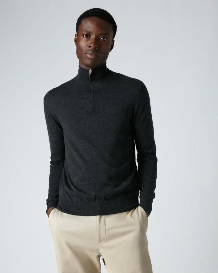 NPeal Jumpers Men Regent Fine Gauge Cashmere Half Zip Jumper Dark Charcoal Grey