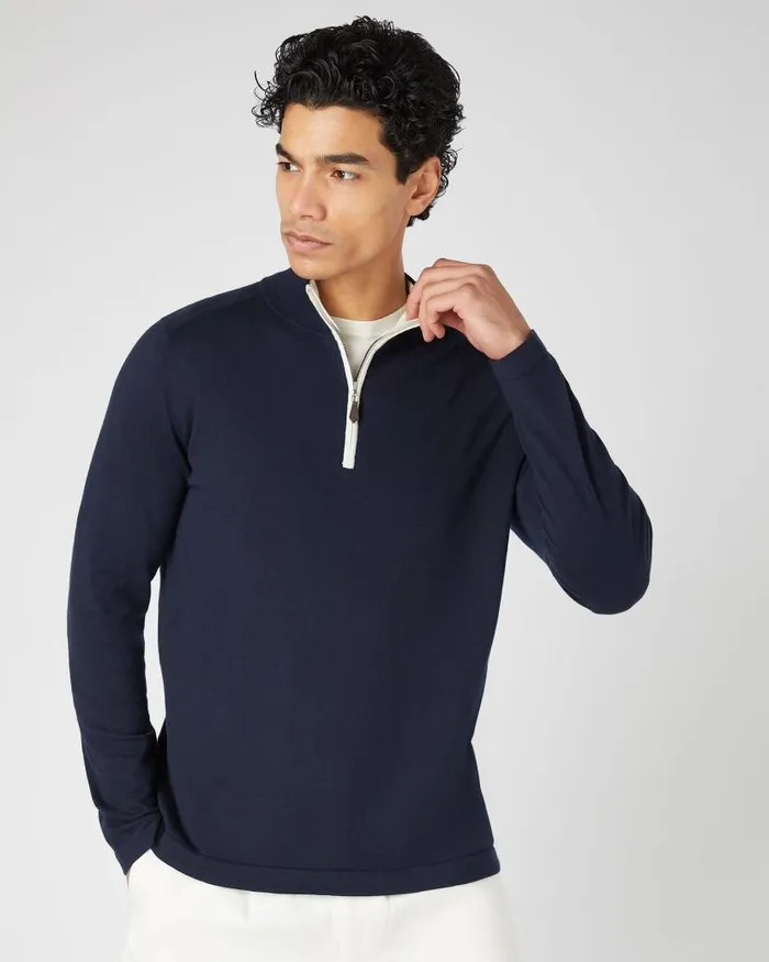 NPeal Jumpers Men Salcombe Half Zip Cotton Cashmere Jumper Navy Blue