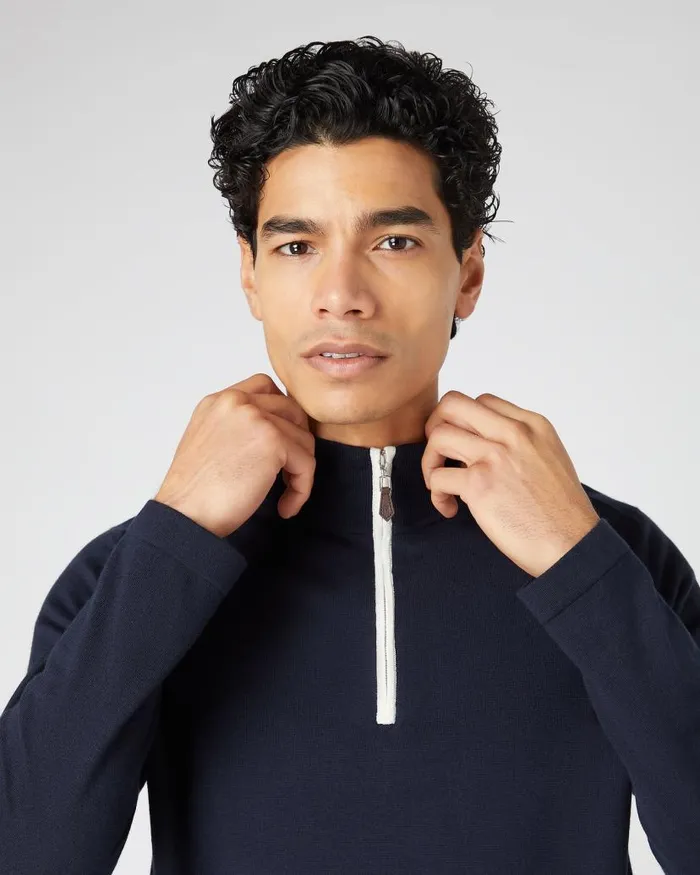 NPeal Jumpers Men Salcombe Half Zip Cotton Cashmere Jumper Navy Blue