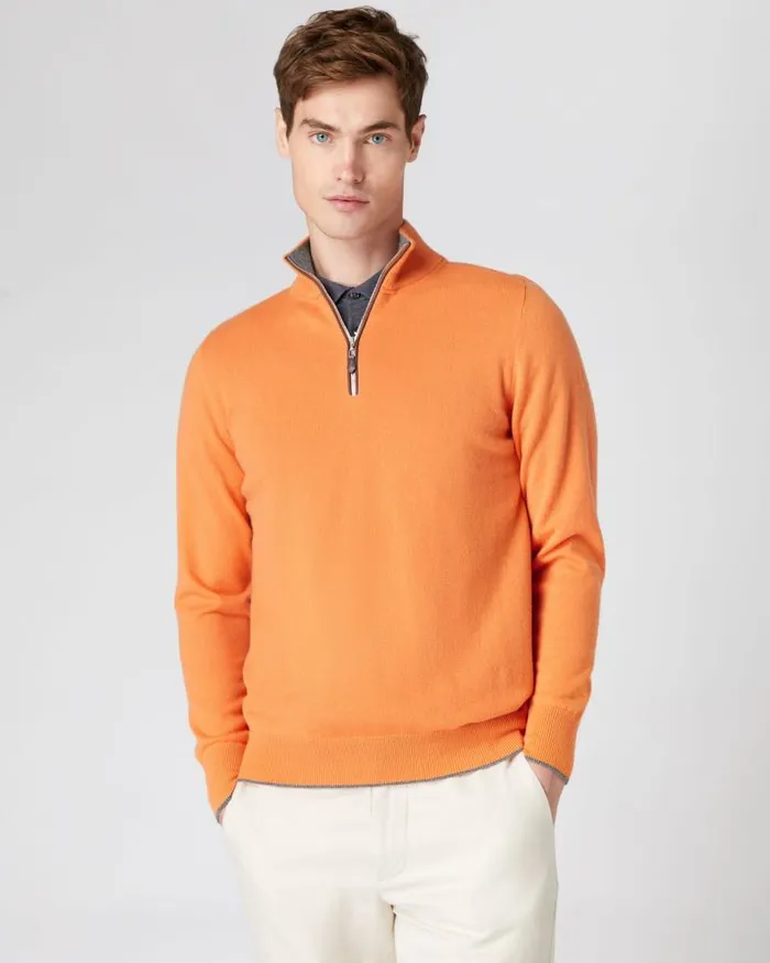NPeal Jumpers Men The Carnaby Half Zip Cashmere Jumper Papaya Orange