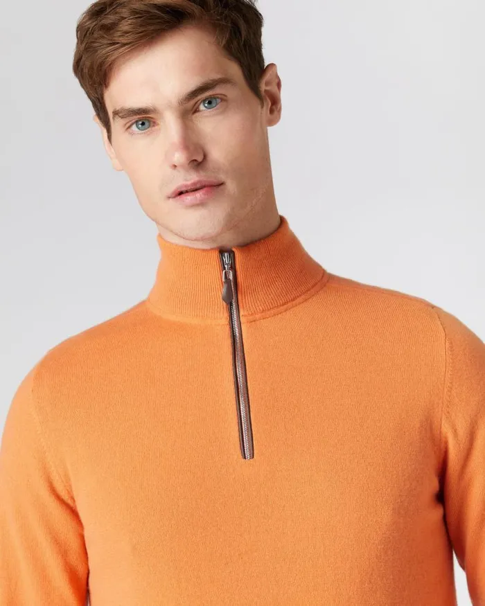 NPeal Jumpers Men The Carnaby Half Zip Cashmere Jumper Papaya Orange