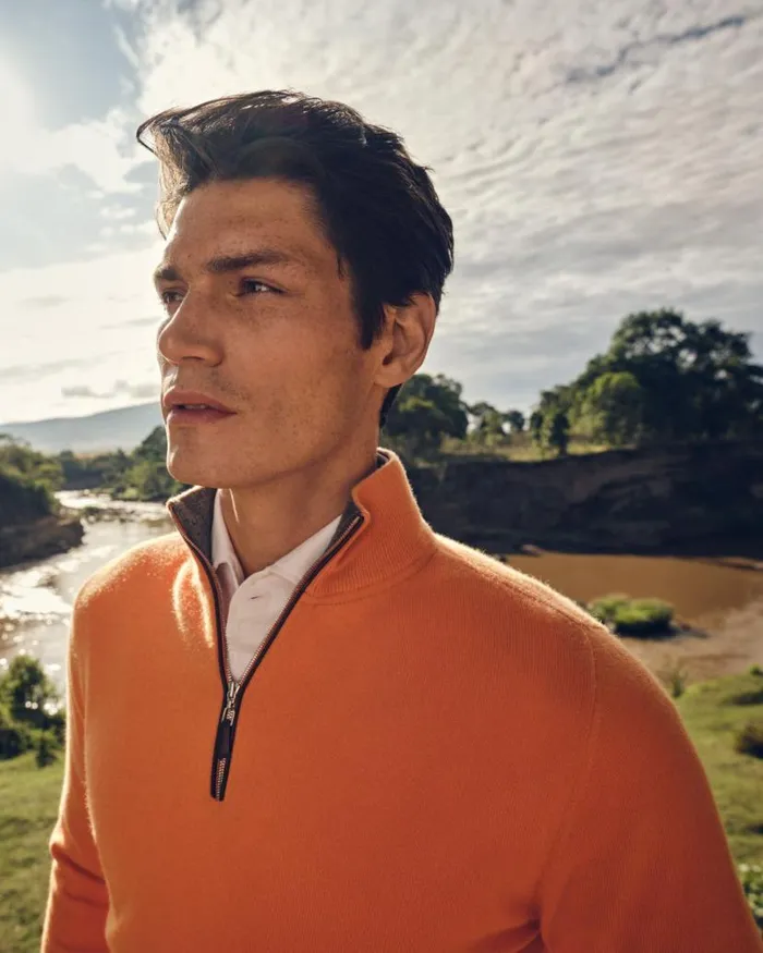 NPeal Jumpers Men The Carnaby Half Zip Cashmere Jumper Papaya Orange