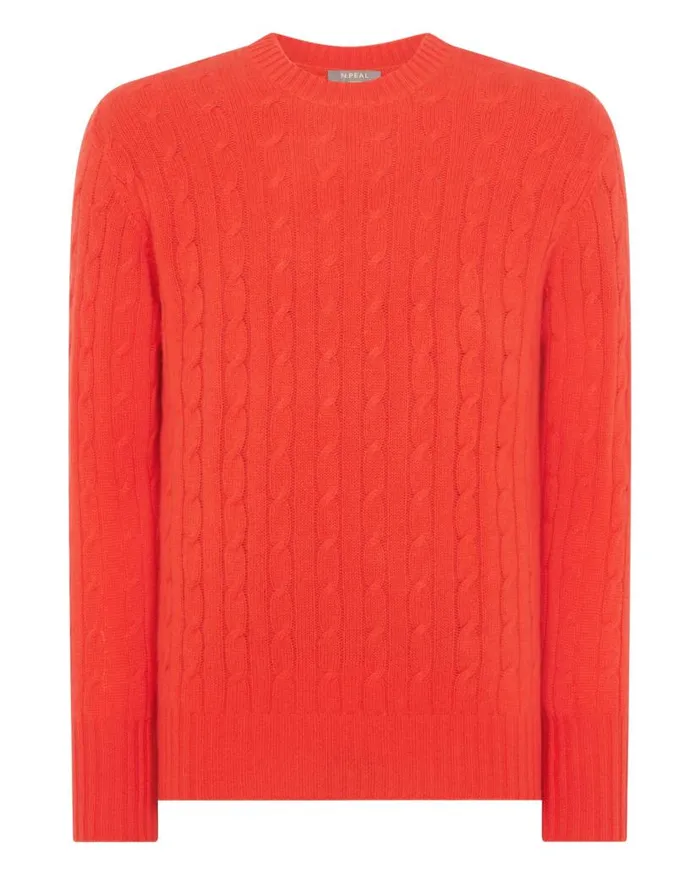 NPeal Jumpers Men The Thames Cable Cashmere Jumper Vermillion Red
