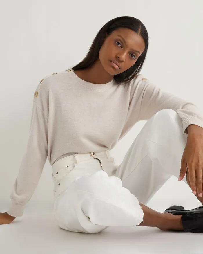 NPeal Jumpers Women Button Shoulder Cashmere Jumper Frost White