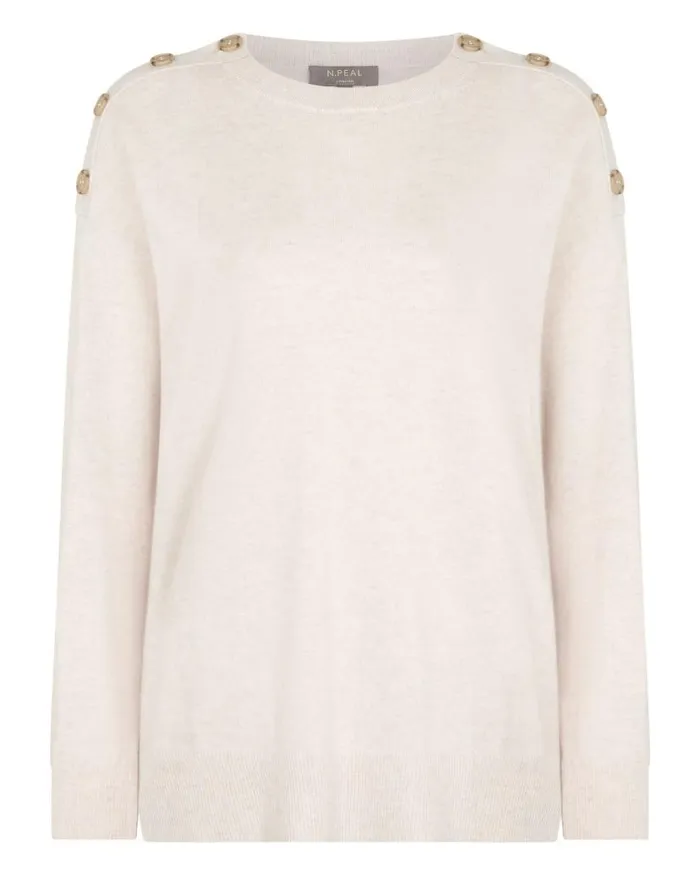 NPeal Jumpers Women Button Shoulder Cashmere Jumper Frost White