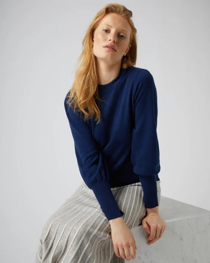 NPeal Jumpers Women Deep Rib Puff Sleeve Cashmere Jumper French Blue
