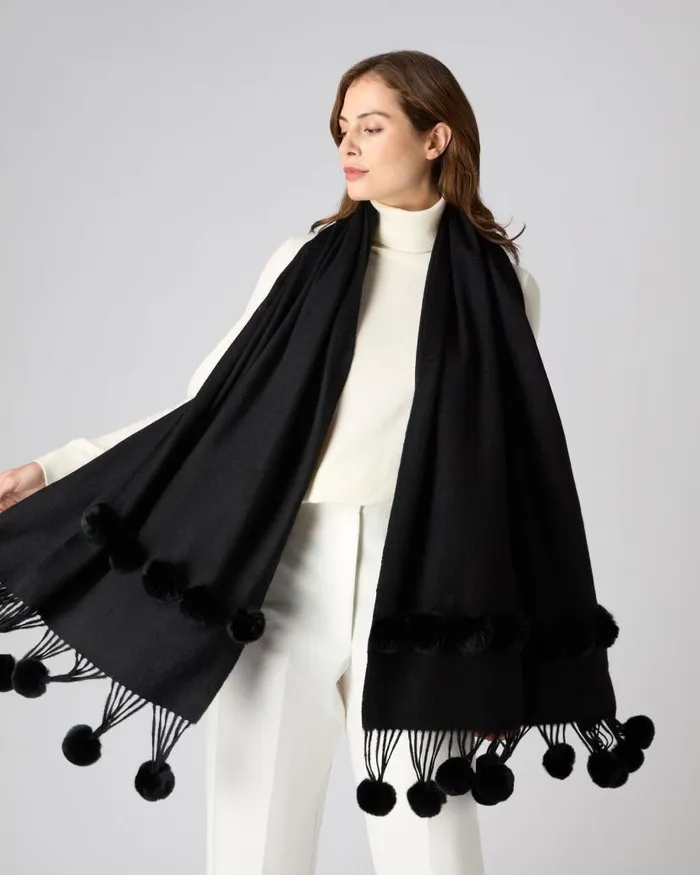 NPeal Pashminas Wraps and Shawls Women Davos Fur Bobble Woven Shawl Black