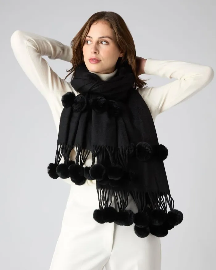 NPeal Pashminas Wraps and Shawls Women Davos Fur Bobble Woven Shawl Black