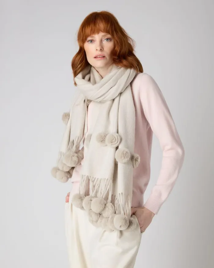 NPeal Pashminas Wraps and Shawls Women Davos Fur Bobble Woven Shawl Ecru White